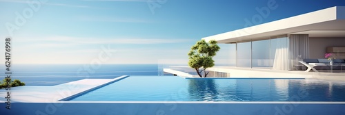  banner summer luxury estate villa with large swimming pool, Luxury modern estate property on hill with stunning sea view, Summer vacation, tourism, copyspace, generative ai