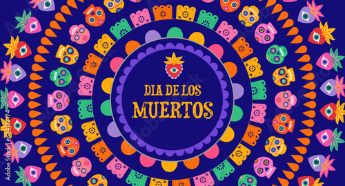 Dia de los Muertos, Day of the dead abstract Mexican background with circles of garlands, paper decorations and flowers