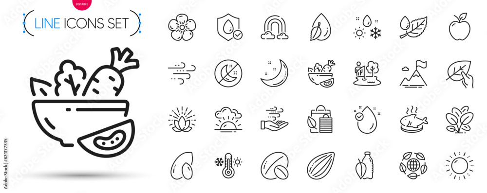 Pack of Weather, Organic tested and Waterproof line icons. Include Rainbow, Lotus, Fish dish pictogram icons. Bio shopping, Wind energy, Spinach signs. Soy nut, Insomnia, Leaf dew. Vector
