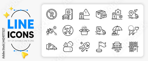 Tickets, Delivery and Delivery discount line icons set for app include Mountain bike, Honeymoon travel, Route outline thin icon. Keys, Truck parking, Vip parcel pictogram icon. Vector
