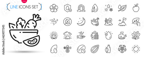 Pack of Weather  Organic tested and Waterproof line icons. Include Rainbow  Lotus  Fish dish pictogram icons. Bio shopping  Wind energy  Spinach signs. Soy nut  Insomnia  Leaf dew. Vector