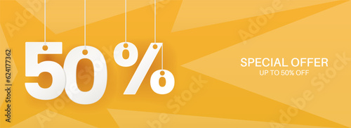 Wide yellow banner. 50 percent off banner.