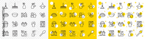 Outline Dry t-shirt, Clean hands and Sponge line icons pack for web with Dryer machine, Cleaning mop, Washing machine line icon. Dont touch, Hand sanitizer, Cleaning liquids pictogram icon. Vector