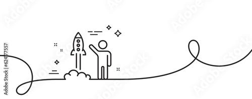 Launch project line icon. Continuous one line with curl. Startup rocket sign. Innovation symbol. Launch project single outline ribbon. Loop curve pattern. Vector