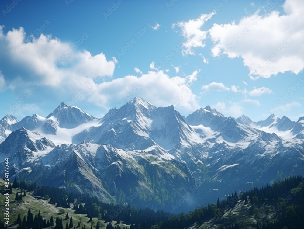 Spectacular Panorama: Mountain Ranges with Snow-Capped Peaks and Green Valleys