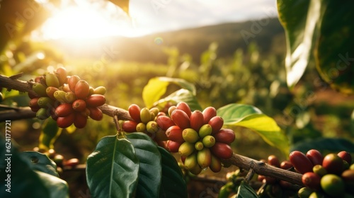 Unprocessed red Coffee Beans in a branch : A Beautiful sunny View of the rural Coffee Harvest and the harvest fields on a hillside - Generative AI