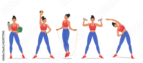Active Woman Engaging In Fitness Activities, Female Character Exercises Include Cardio, Weightlifting, And Stretching