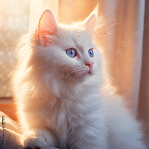 White Kitten with Blue Eyes In morning Sunlight