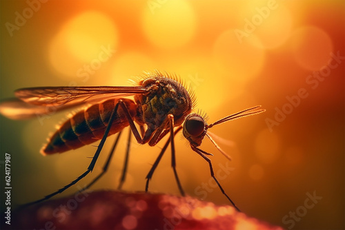 mosquito close-up on human skin at sunset. Generative AI