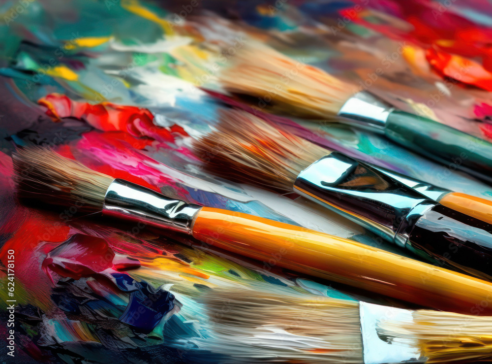 Fototapeta premium Closeup on paintbrushes on dirty canvas or artist's palette covered with oil paints, concept representation for fine art gallery, visual art genius and talented artist's workshop. Generative AI