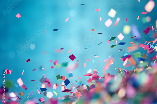 Colorful confetti falling on a blue background