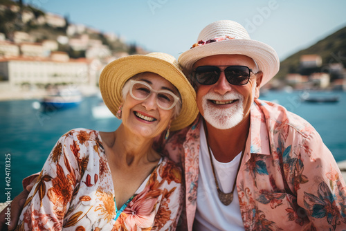 Happy retirees, pensioners. summer vacation, holidays beach, ship and sea, cocktails, travel, happy old age, enjoying life. Grandmother and grandfather, grandparents. Generative AI