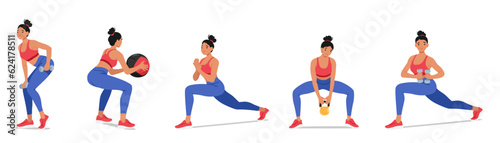 Active Woman Engaged In Fitness Activities With Kettle Bell, Ball, Dumbbells, Demonstrating Strength, Flexibility