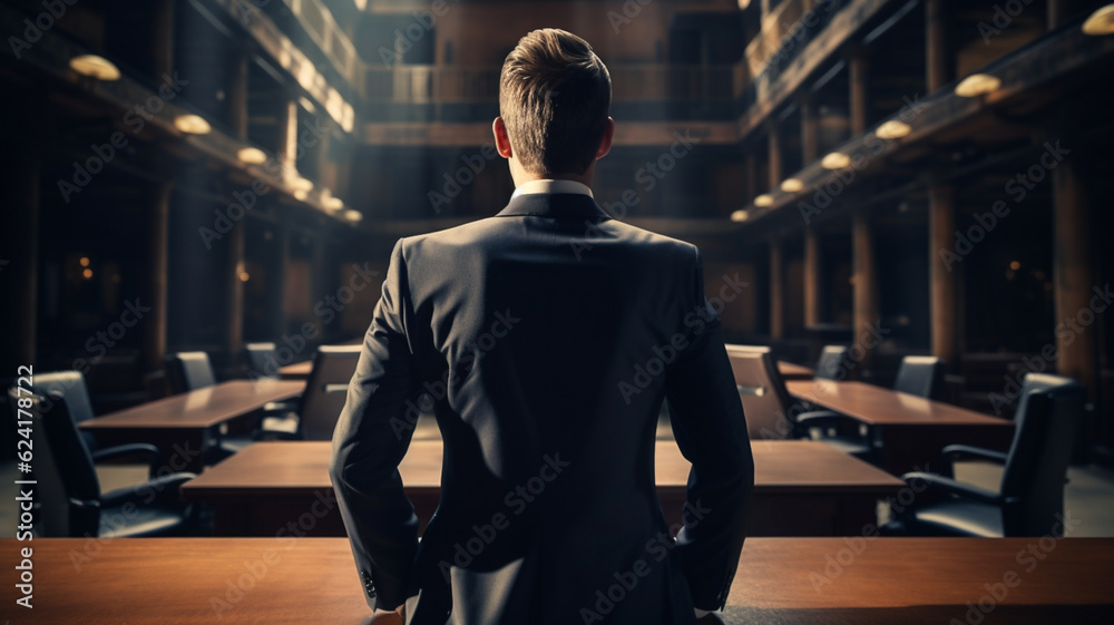 Back of business man wearing a suit standing inside of office building Back of business man wearing a suit standing inside of office building