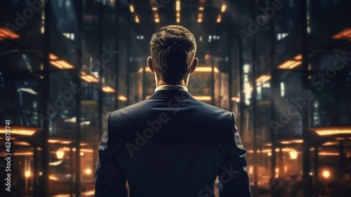 Back of business man wearing a suit standing inside of office building