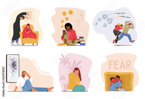 Set Of Characters With Different Fears. People Afraid Of War, Introvert Sitting In Box, Man With Self-loathing