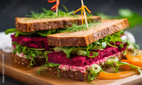 Vegan sandwiches with beetroot hummus. sandwich with beet, cheese, avocado and arugula. 