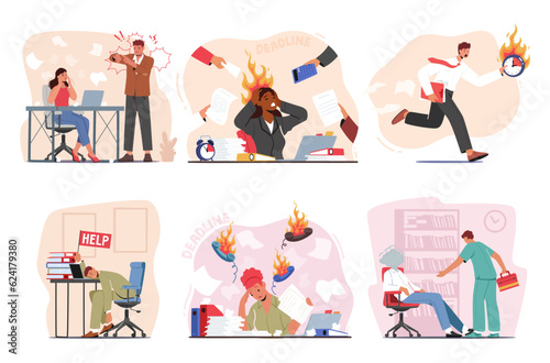 Overwhelmed Employee Characters, Burdened By Work-related Pressure, Experience Stress. It Impacts Mental Health