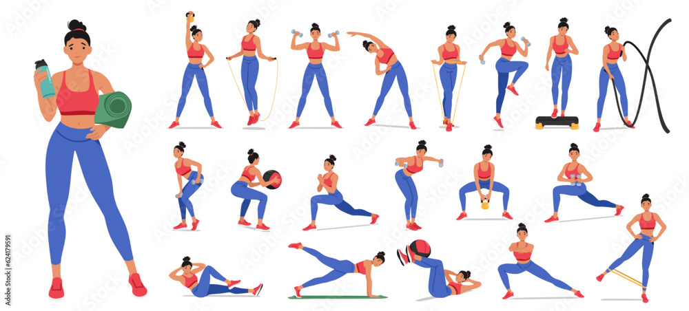 Active Woman Engaged In Fitness Activities, Demonstrating Strength, Flexibility, And Endurance Through Exercises