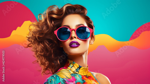 Pop art fashion woman with trendy sunglasses. Retro style poster collage. Digital Illustration photo