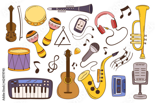 Set Of Doodle Musical Instruments And Music Items. Violin, Tambourine, Maracas, Guitar. Drums, Synthesizer, Microphone