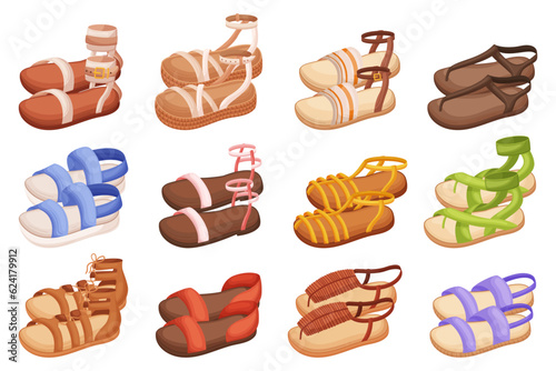 Set of Stylish And Comfortable Summer Sandals, Perfect For Warm Weather. They Feature Open-toe Designs, Illustration