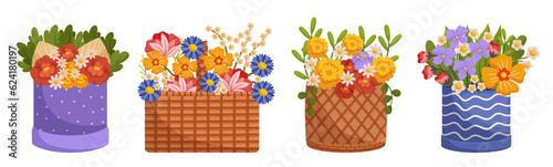 Set of Beautiful Flower Bouquets Arranged In Charming Baskets, Filled With A Variety Of Vibrant Blooms, Illustration