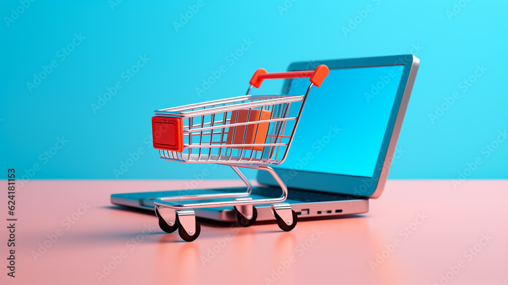 Illustration of shopping cart and laptop, soft blue background, online stores concept