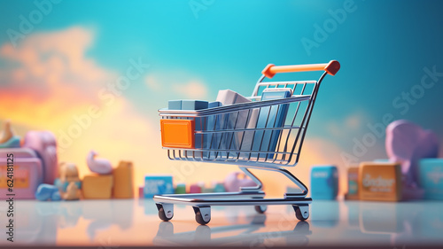 Leinwand Poster Illustration of shopping cart and laptop, soft blue background, online stores co