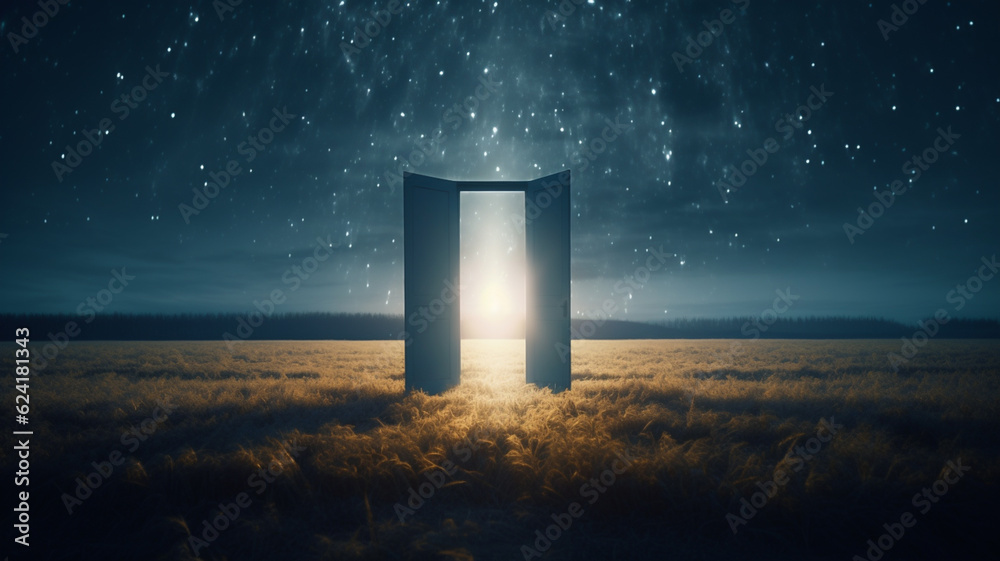 Light shining trough open door in field landscape at night, concept of new goals and progress