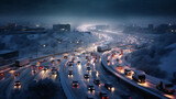 View of highway road during winter at night with cars and trucks driving