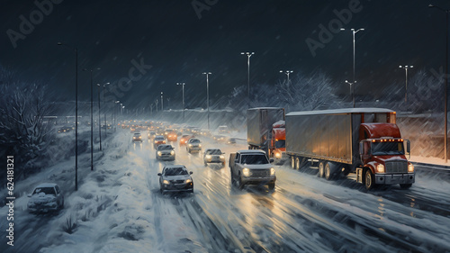 View of highway road during winter at night with cars and trucks driving
