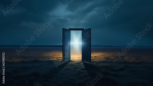 Light shining trough open door in field landscape at day, concept of new goals and progress