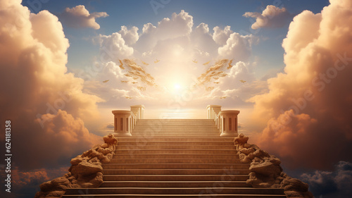 Stairway with door to heaven, cloudy sky, concept of reaching goals or spiritual progress