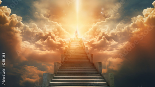 Stairway with door to heaven, cloudy sky, concept of reaching goals or spiritual progress