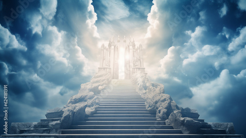 Stairway with door to heaven, cloudy sky, concept of reaching goals or spiritual progress © Artofinnovation