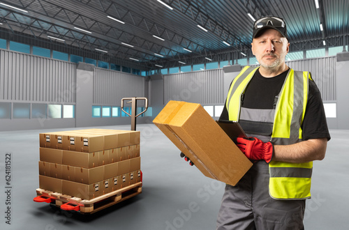 Warehouse worker. Man with cardboard box. Warehouse loader in hangar. Pallet jack in industrial building. Warehouse worker in reflective vest. Man storekeeper looks in camera. Logistics, fulfillment