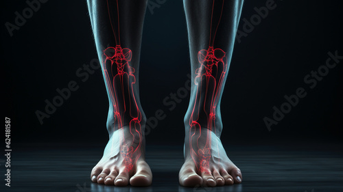 Joint paint or injury in feet and ankles, x-ray style illustration