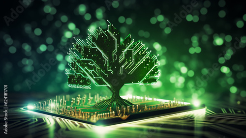 Digital green tree on computer circuit board, innovation and sustainability concept