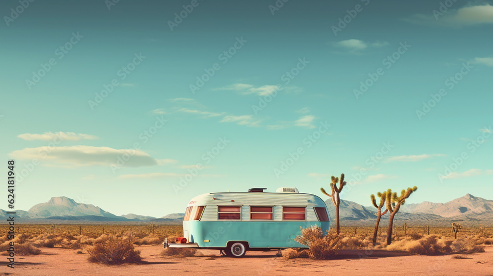 Abandoned or old retro caravan living in the middle of the desert with cactus and blank billboard sign as wide banner copy space area