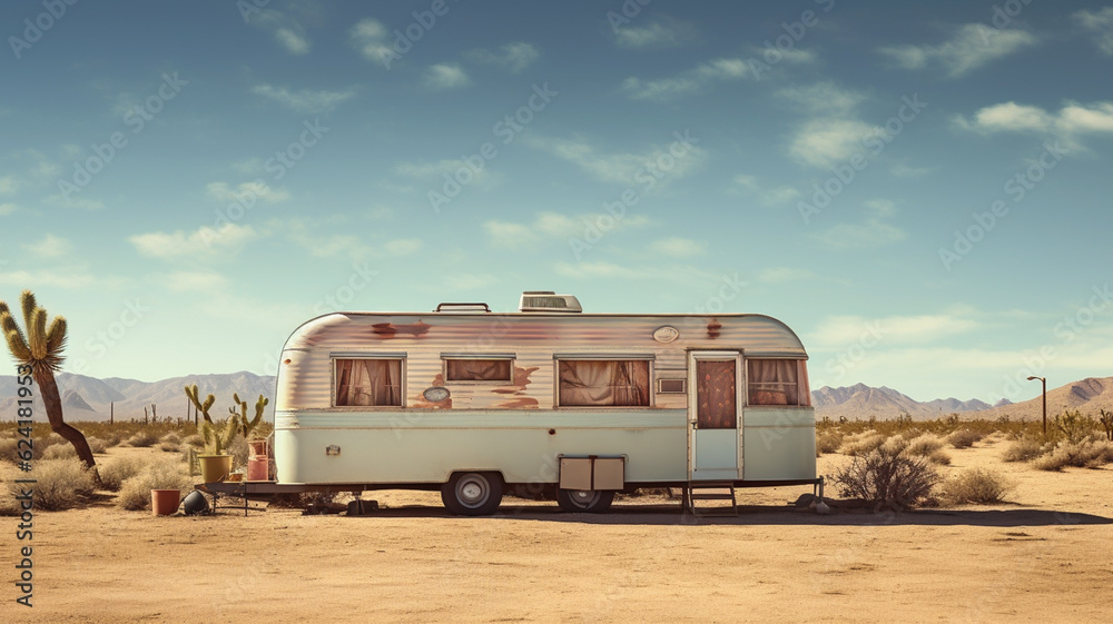 Abandoned or old retro caravan living in the middle of the desert with cactus and blank billboard sign as wide banner copy space area Abandoned or old retro caravan living in the middle of the desert with cactus and blank billboard sign as wide banner copy space area