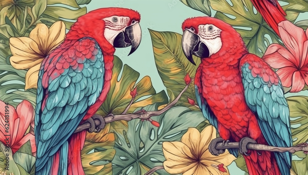 Fototapeta premium A pair of parrots on a background of tropical leaves and flowers.Generative AI technology.