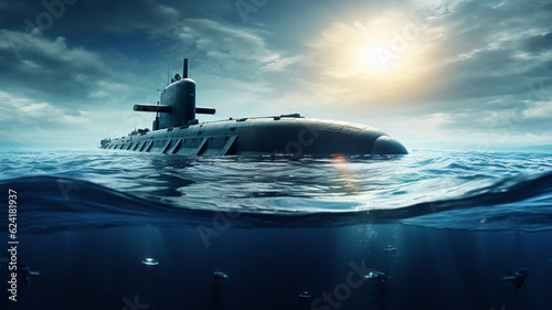 Stampa su tela Generic military nuclear submarine floating in the middle of the ocean with a fi
