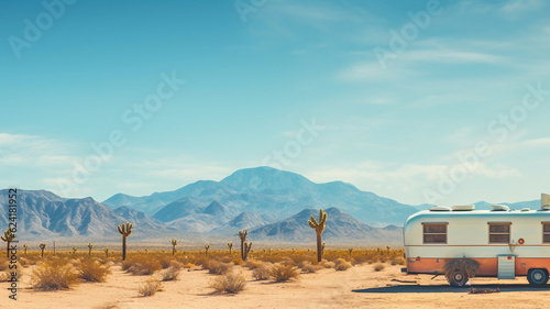 Abandoned or old retro caravan living in the middle of the desert with cactus and blank billboard sign as wide banner copy space area photo