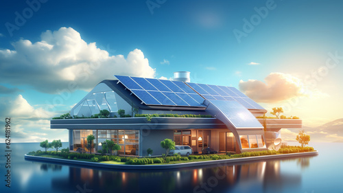 Futuristic generic smart home with solar panels rooftop system for renewable energy concepts as wide banner with copyspace area