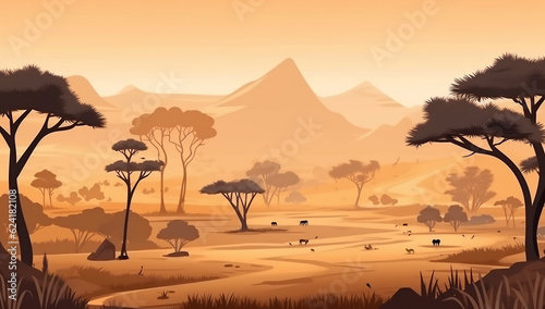 Evening landscape in the African savannah.Generative AI technology.