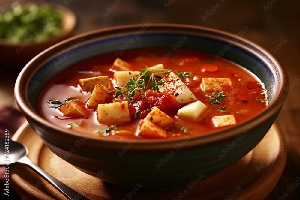 Comforting and hearty soups and stews. Soup or stew of meat and vegetables seasoned with paprika and other spices. Generative AI technology Comforting and hearty soups and stews. Soup or stew of meat and vegetables seasoned with paprika and other spices. Generative AI technology
