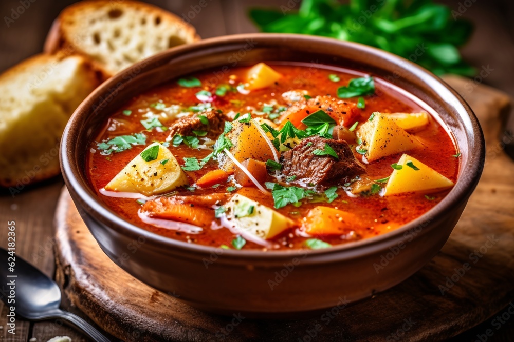 Comforting and hearty soups and stews. Soup or stew of meat and vegetables seasoned with paprika and other spices. Generative AI technology