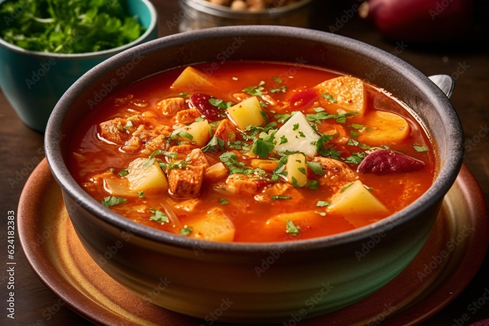Comforting and hearty soups and stews. Soup or stew of meat and vegetables seasoned with paprika and other spices. Generative AI technology Comforting and hearty soups and stews. Soup or stew of meat and vegetables seasoned with paprika and other spices. Generative AI technology