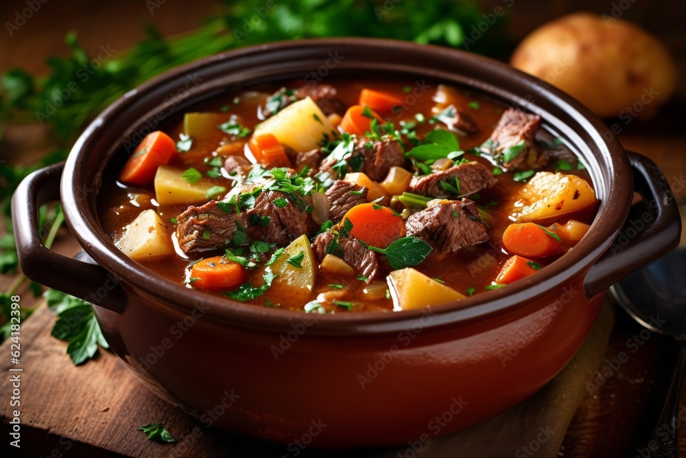 Comforting and hearty soups and stews. Soup or stew of meat and vegetables seasoned with paprika and other spices. Generative AI technology Comforting and hearty soups and stews. Soup or stew of meat and vegetables seasoned with paprika and other spices. Generative AI technology